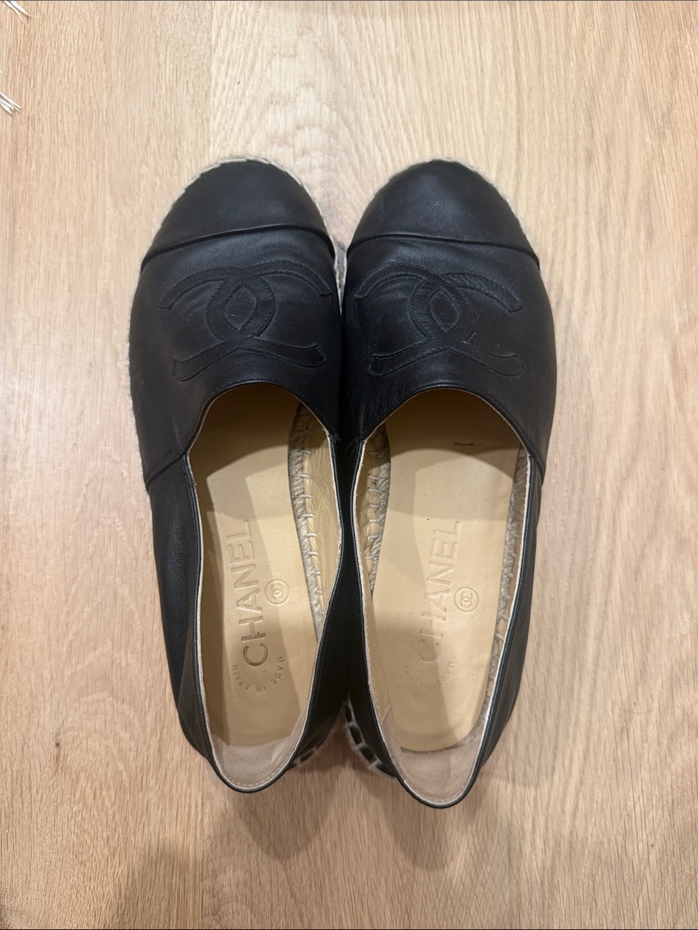 CHANEL Black Leather CC Embossed Espadrille Flats
